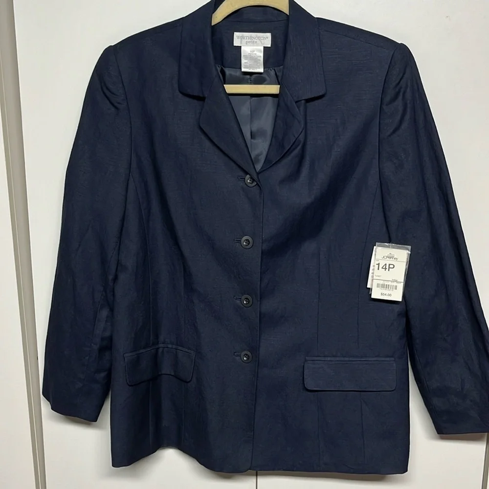 Worthington Petite Navy Linen Blend Blazer Jacket Size 14P